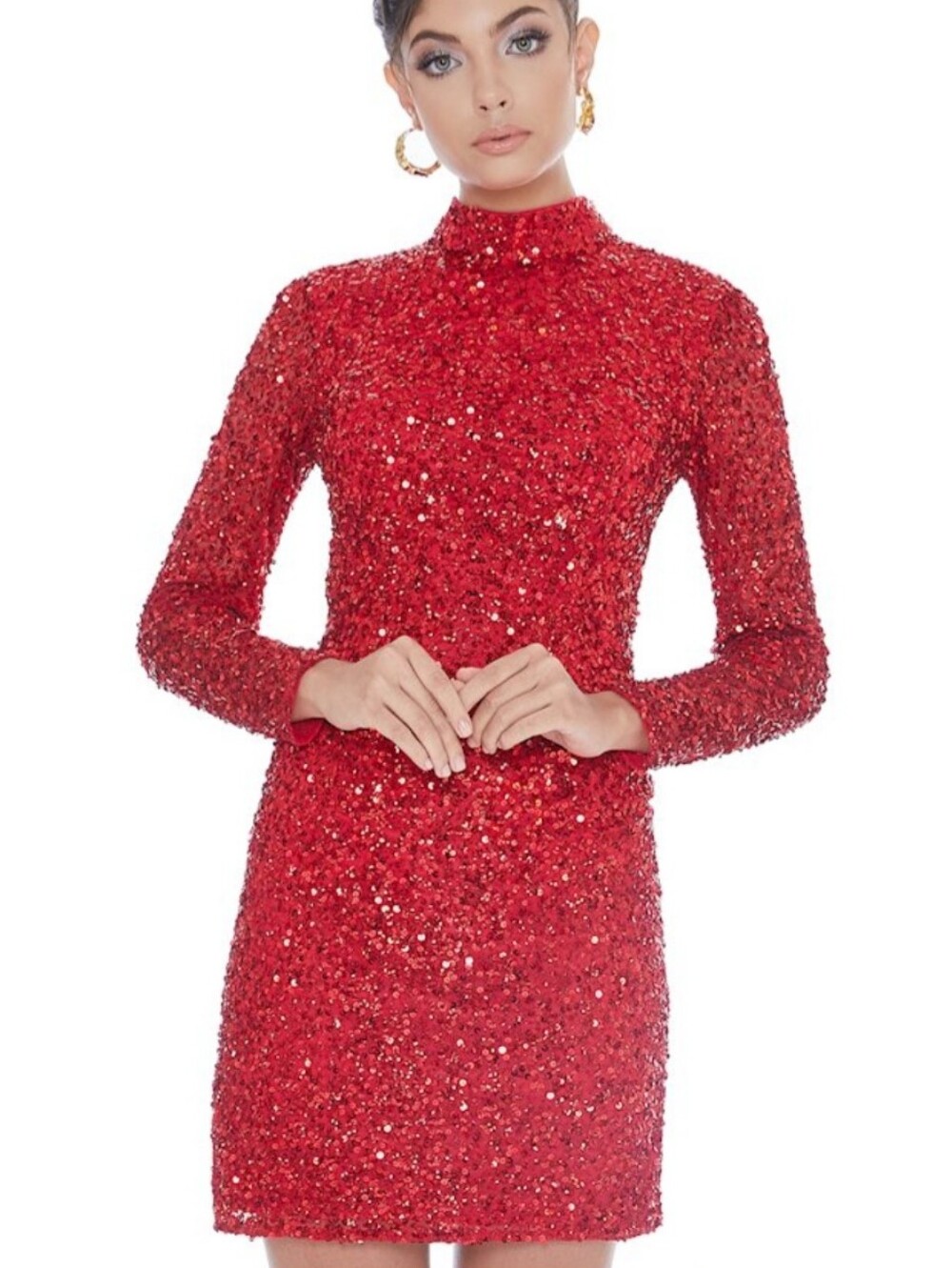 Ashley Lauren Red Sequin Long-Sleeve High-Neck Cocktail Dress 4252